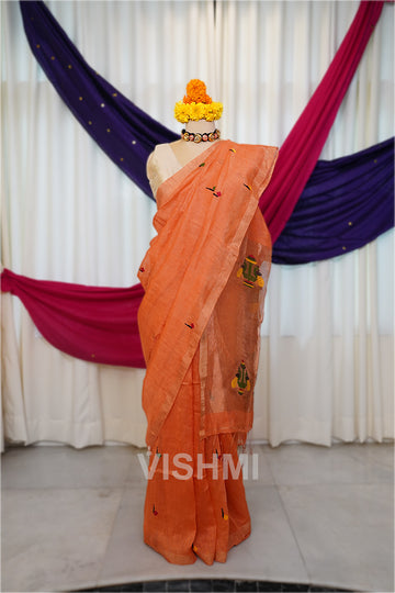 Peach Handloom Silk Tissue Linen Peacock Paithani Pallu Saree