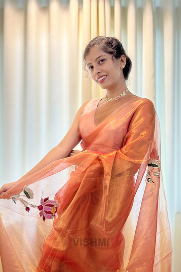Orange Pure Metallic Muslin Silk Saree with Lotus Hand Embroidery