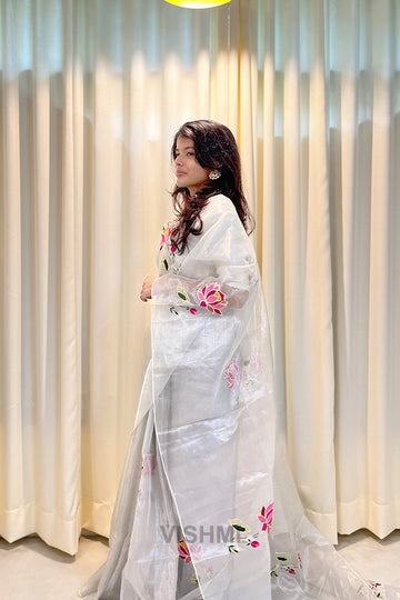 White Pure Metallic Muslin Silk Saree with Lotus Hand Embroidery