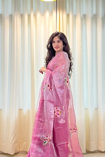 Purple Pure Metallic Muslin Silk Saree with Lotus Hand Embroidery