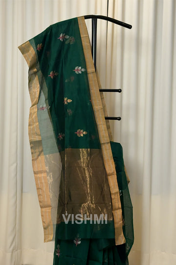 Bottle Green Handloom Chanderi Silk Cotton Saree