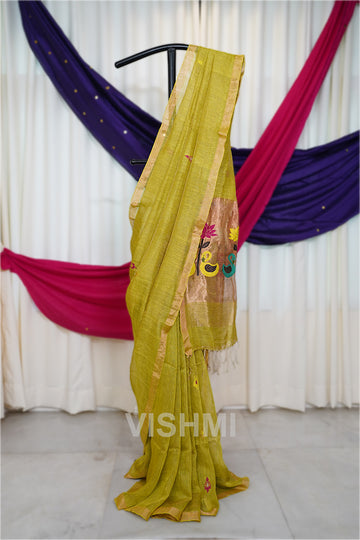 Lime Green Handloom Silk Tissue Linen Swan Paithani Pallu Saree