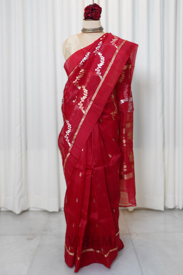 Red Kora Silk Kadwa Jal Sona Roopa Banarasi Saree
