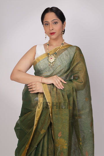 Lotus Green Handloom Tissue Linen Saree