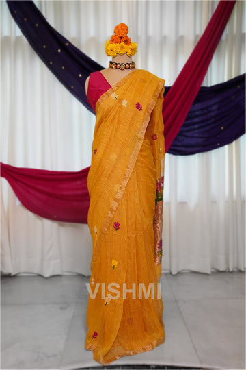 Yellow Handloom Silk Tissue Linen Lotus Paithani Pallu Saree