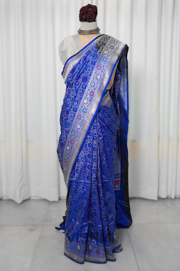 Royal Blue Pure Silk Kadwa Silver Zari Brocade Meenakari Banarasi Saree