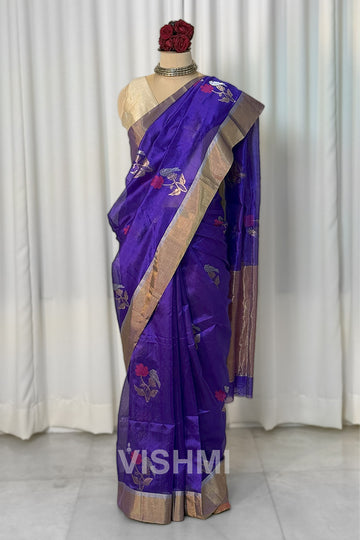 Royal Blue Chanderi Pure Silk Bird Motif Saree
