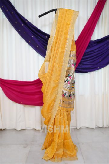 Yellow Handloom Silk Tissue Linen Peacock Paithani Pallu Saree