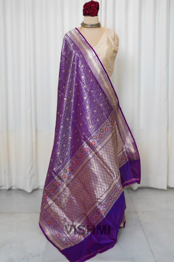 Royal Purple Pure Silk Kadwa Gold Zari Brocade Meenakari Banarasi Saree