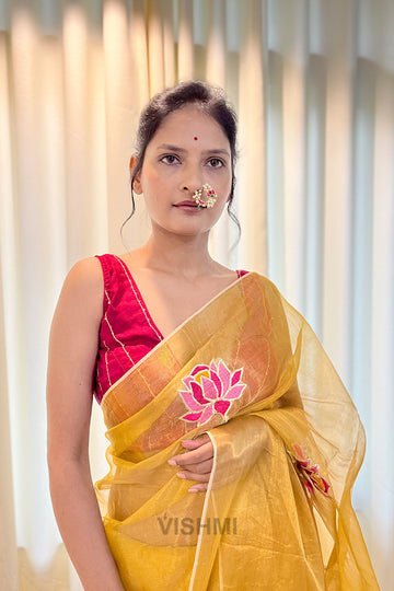Yellow Pure Metallic Muslin Silk Saree with Lotus Hand Embroidery