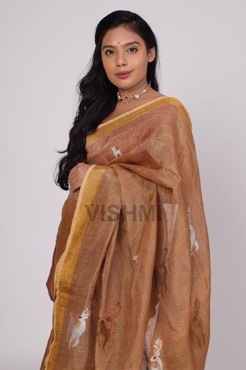 chikoo gold deer Handloom Tissue Linen Saree