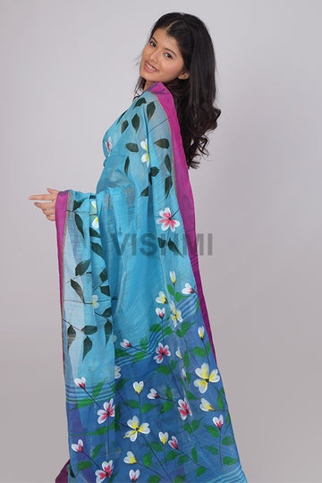 Light blue Zari border Floral HandPainted Saree