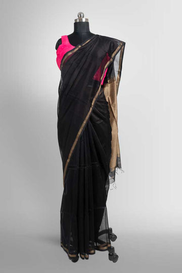 Black Cotton Silk Handloom Maheshwari Saree with Gold Zari & Ghicha Pallu