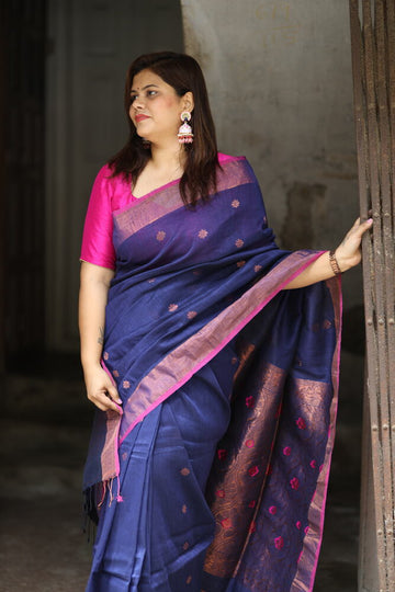 Blue Banarasi Pallu Organic Handloom Linen