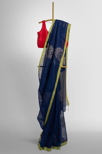 Blue Zari Flower Handloom Linen Saree