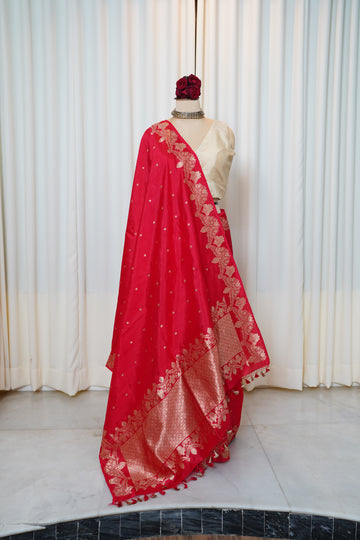 Bold Red Pure Silk Kadwa Gold zari butti Banarasi Saree