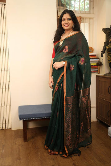 Bottle Green Banarasi Zari Handloom Linen