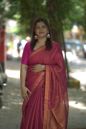 Copper Pink Metalic Handloom Linen Saree