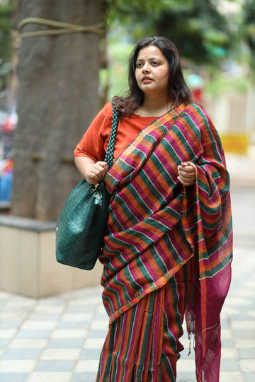 Greeen & Orange Stripe Linen with Jute Rose Weaving Saree