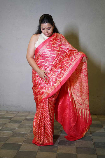 Pink Gajji Silk Lehriya Ajrakh Lagadi pallu