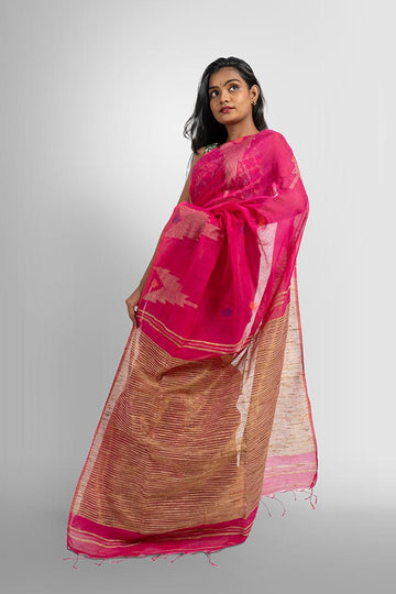 Hot Pink with Temple work Zari-strip Pallu Handloom Cotton