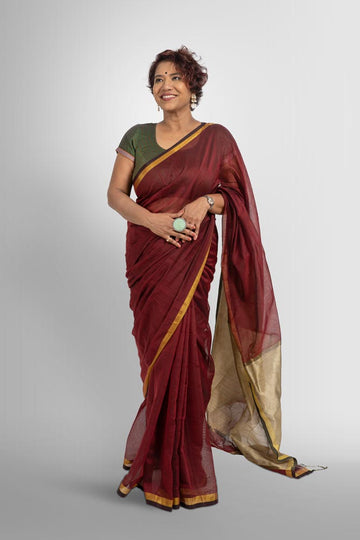 Maroon Handloom Cotton Silk Saree with Ghicha Pallu and Gold Zari Border