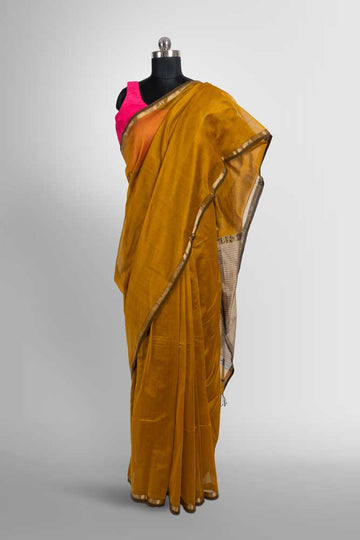 Mustard Cotton Silk Handloom Maheswari Saree with Gold Zari & Ghicha Pallu