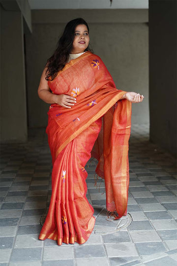 Orange Jamdani Tissue Linen Sarees