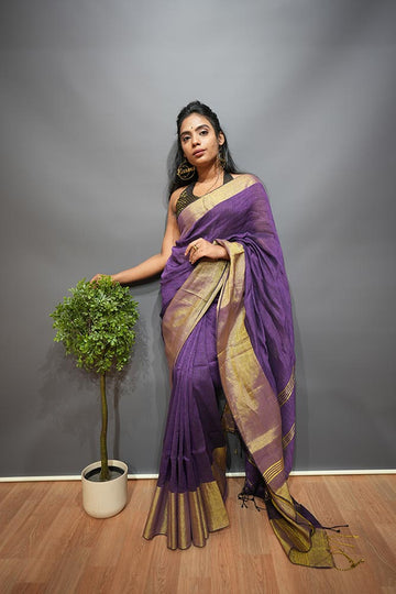 Plain Purple Handloom Linen Saree with Big Border Gold Zari Saree