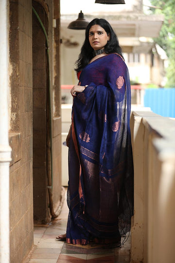 Royal Blue Rose Butti Handloom Linen