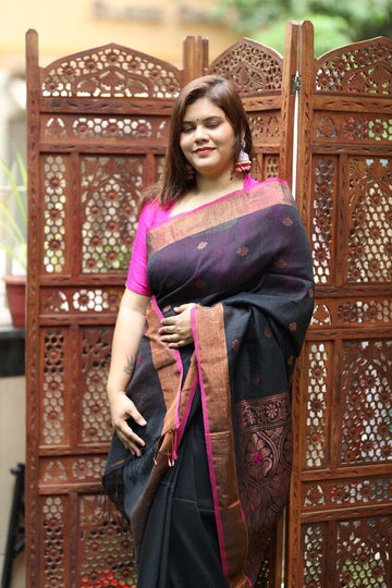 SLate Black Banarasi Pallu Organic Handloom Linen