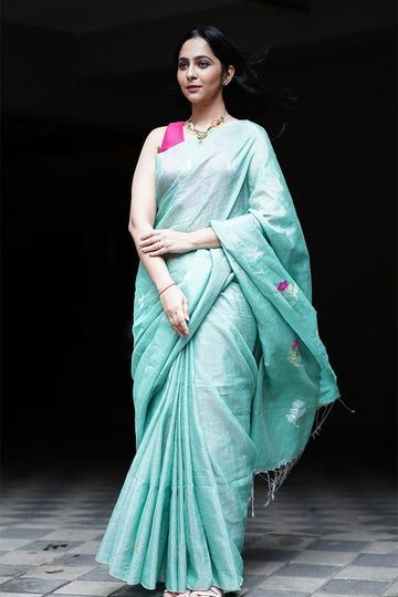 Seagreen Jamdani Tissue Linen Sarees
