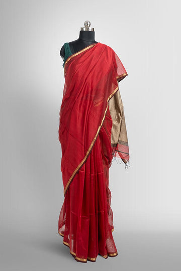 Topaz Red Maheswari Ghicha Pallu Handloom