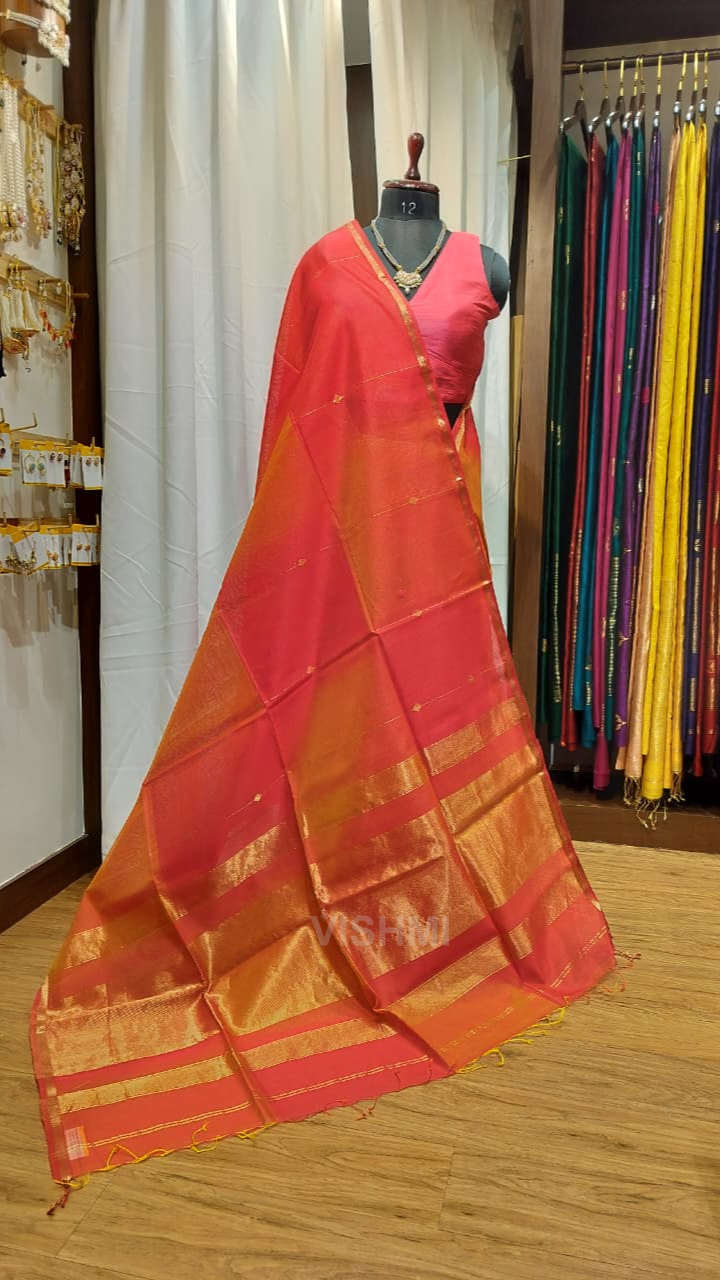 Orange and Red dual shade Maheshwari Zari Stripes Handloom Saree