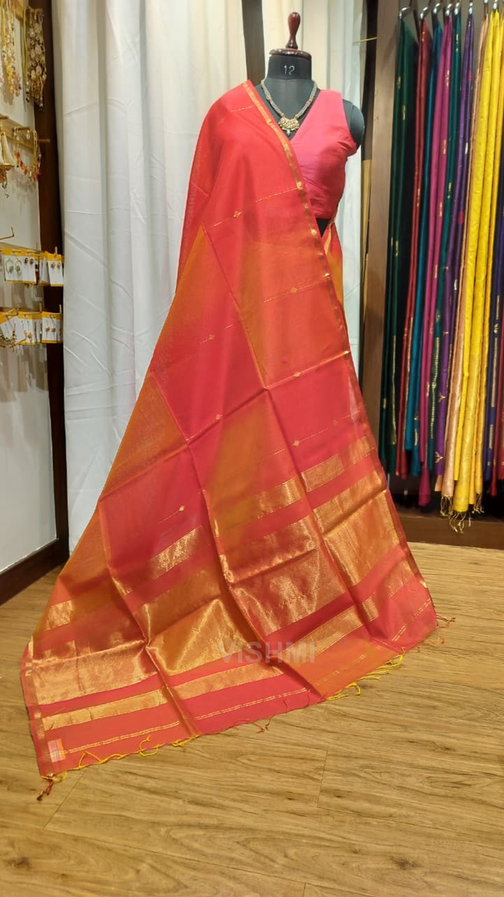 Orange and Red dual shade Maheshwari Zari Stripes Handloom Saree
