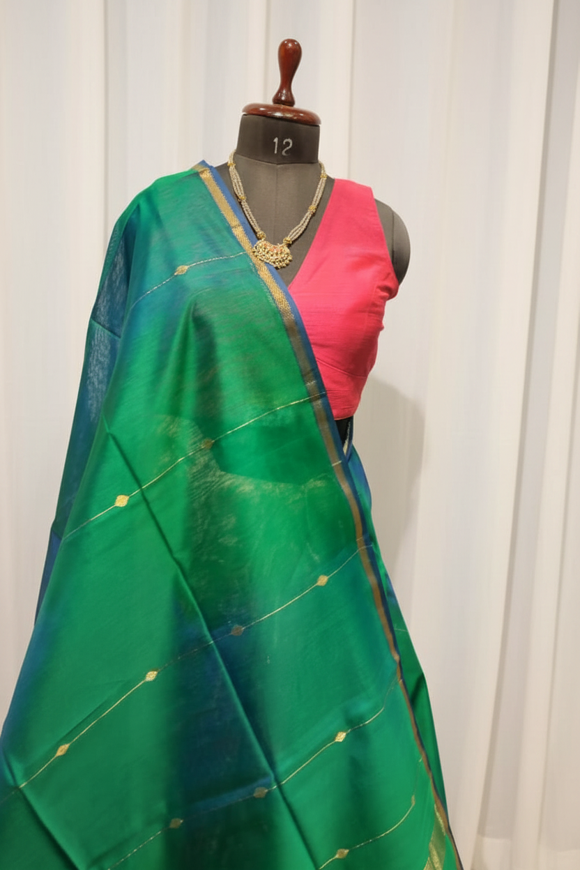 Green saree with gold border on a wooden floor with mannequin and other sarees in the background.