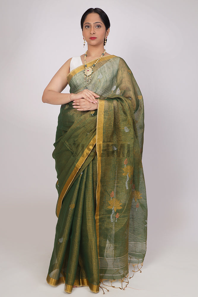 Lotus Green Handloom Tissue Linen Saree