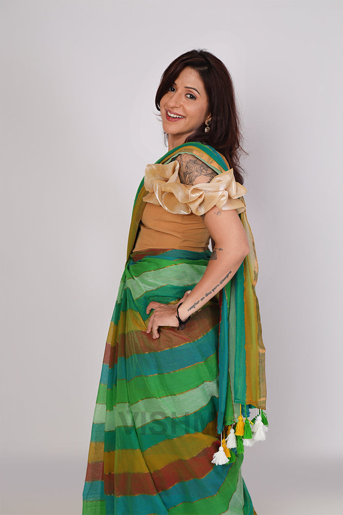 Green Multi Colour Stripe Mul Collection Saree