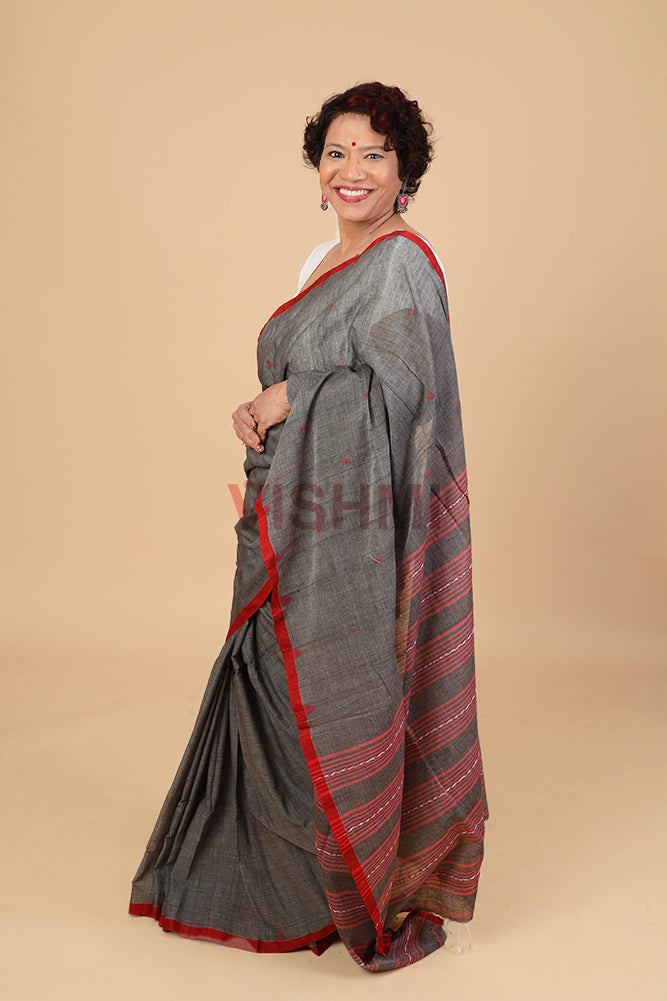 Grey Handloom Cotton temple boder Saree