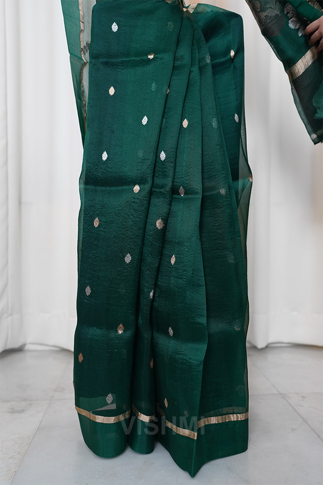 Bottle Green Kora Silk Kadwa Sona Roopa Banarasi Saree