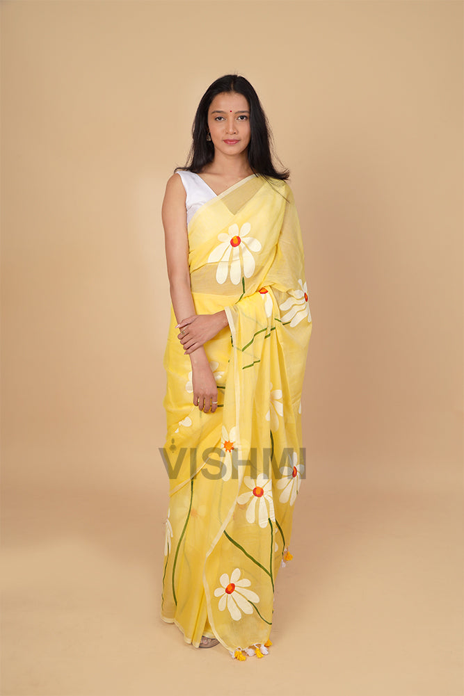 Light Yellow Mul Daisy Handpainted Saree
