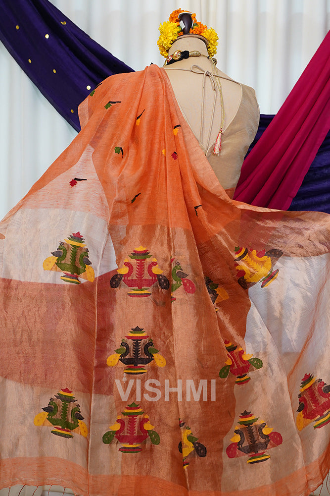 Peach Handloom Silk Tissue Linen Peacock Paithani Pallu Saree