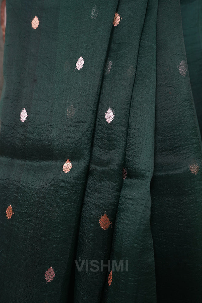 Bottle Green Kora Silk Kadwa Sona Roopa Banarasi Saree