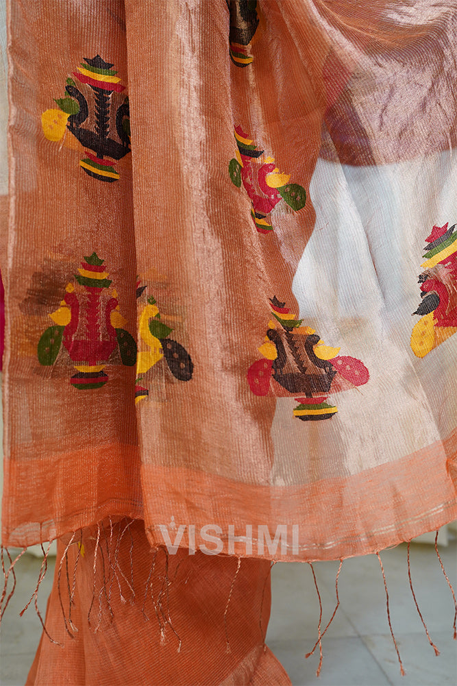 Peach Handloom Silk Tissue Linen Peacock Paithani Pallu Saree