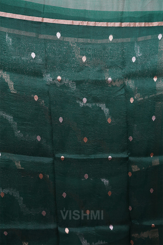 Bottle Green Kora Silk Kadwa Sona Roopa Banarasi Saree