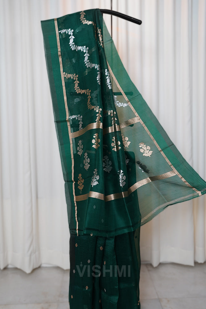 Bottle Green Kora Silk Kadwa Sona Roopa Banarasi Saree