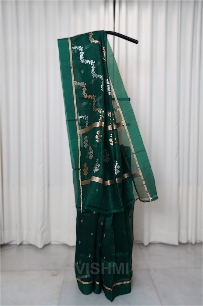Bottle Green Kora Silk Kadwa Sona Roopa Banarasi Saree