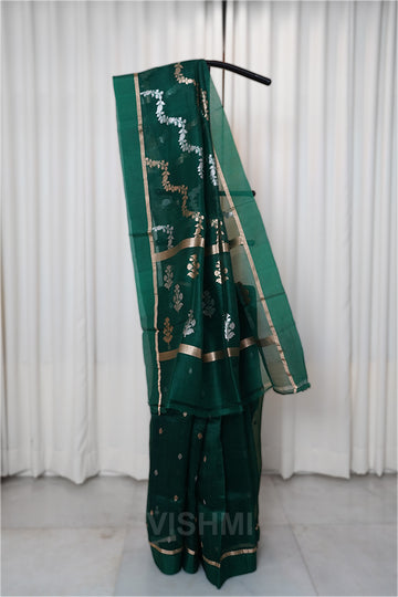 Bottle Green Kora Silk Kadwa Sona Roopa Banarasi Saree