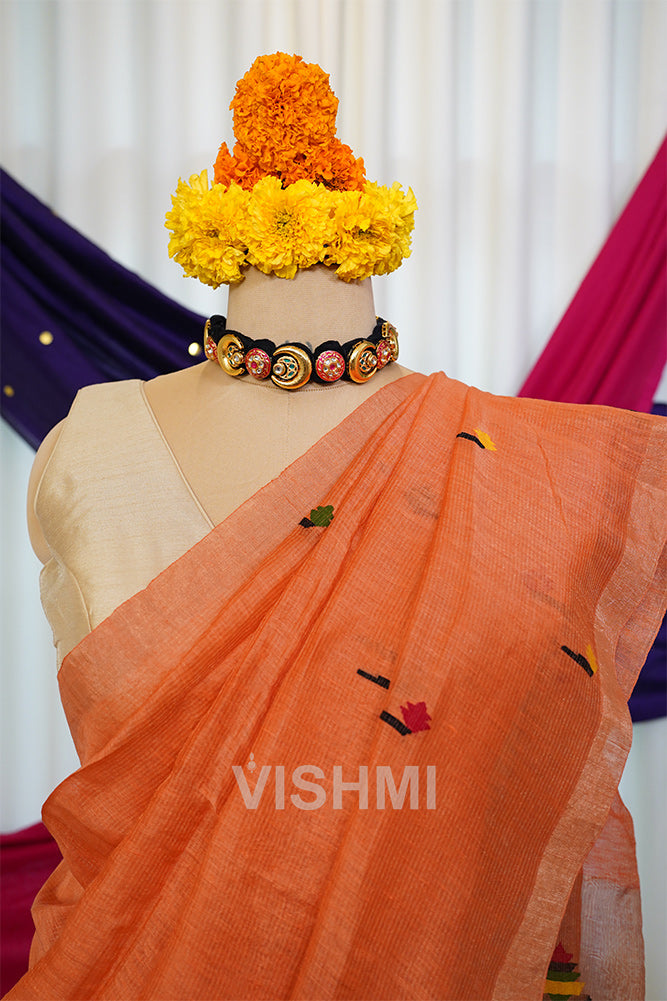 Peach Handloom Silk Tissue Linen Peacock Paithani Pallu Saree