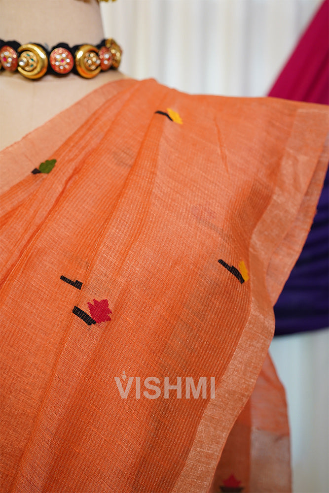 Peach Handloom Silk Tissue Linen Peacock Paithani Pallu Saree